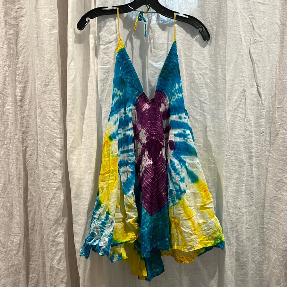 RAGA Tie Dye Multicolor  Baby Doll Halter Cotton Mini Dress Made in India M